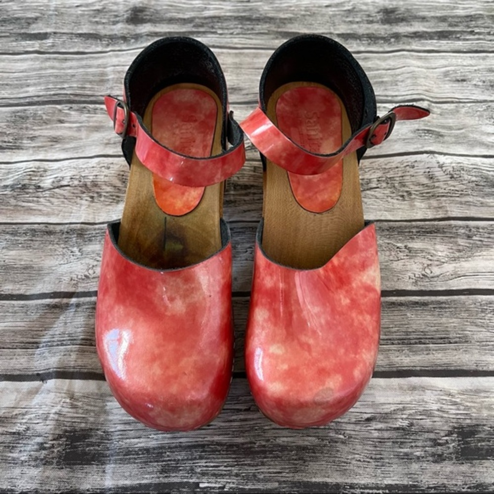 Sanita Wood Heel Clogs Shiny Pink Patent Mary Jane size EU38
